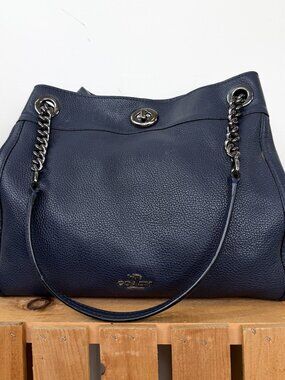 Coach Edie Turnlock Bag Dark Navy Blue Pebbled Leather
